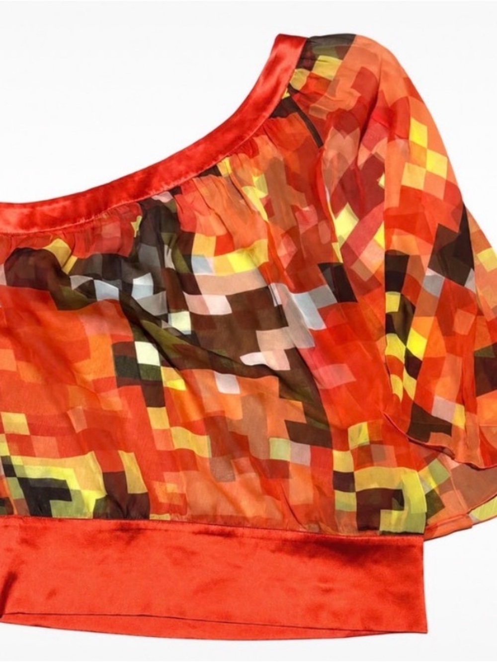 bebe Orange Multi-Color Sheer Geometric Blouse
